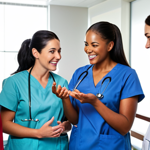 **Nurses in a team huddle, smiling and collaborating in a brightly lit modern hospital setting. Emphasis on teamwork and positive communication.**