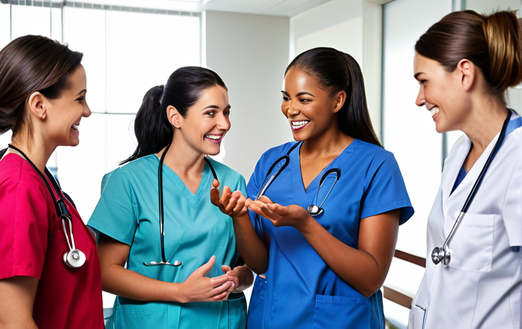 **Nurses in a team huddle, smiling and collaborating in a brightly lit modern hospital setting. Emphasis on teamwork and positive communication.**