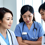 **

A diverse group of nurses (Japanese, European, etc.) collaborating around a modern medical device in a bright, advanced hospital setting. Focus on teamwork, cultural exchange, and advanced technology.

**