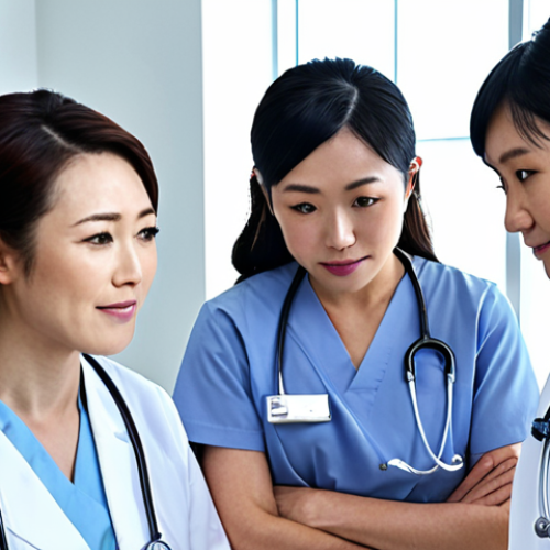 **

A diverse group of nurses (Japanese, European, etc.) collaborating around a modern medical device in a bright, advanced hospital setting. Focus on teamwork, cultural exchange, and advanced technology.

**