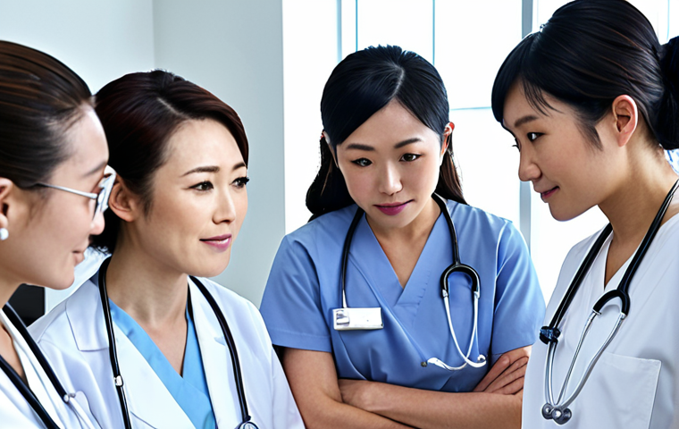 **

A diverse group of nurses (Japanese, European, etc.) collaborating around a modern medical device in a bright, advanced hospital setting. Focus on teamwork, cultural exchange, and advanced technology.

**
