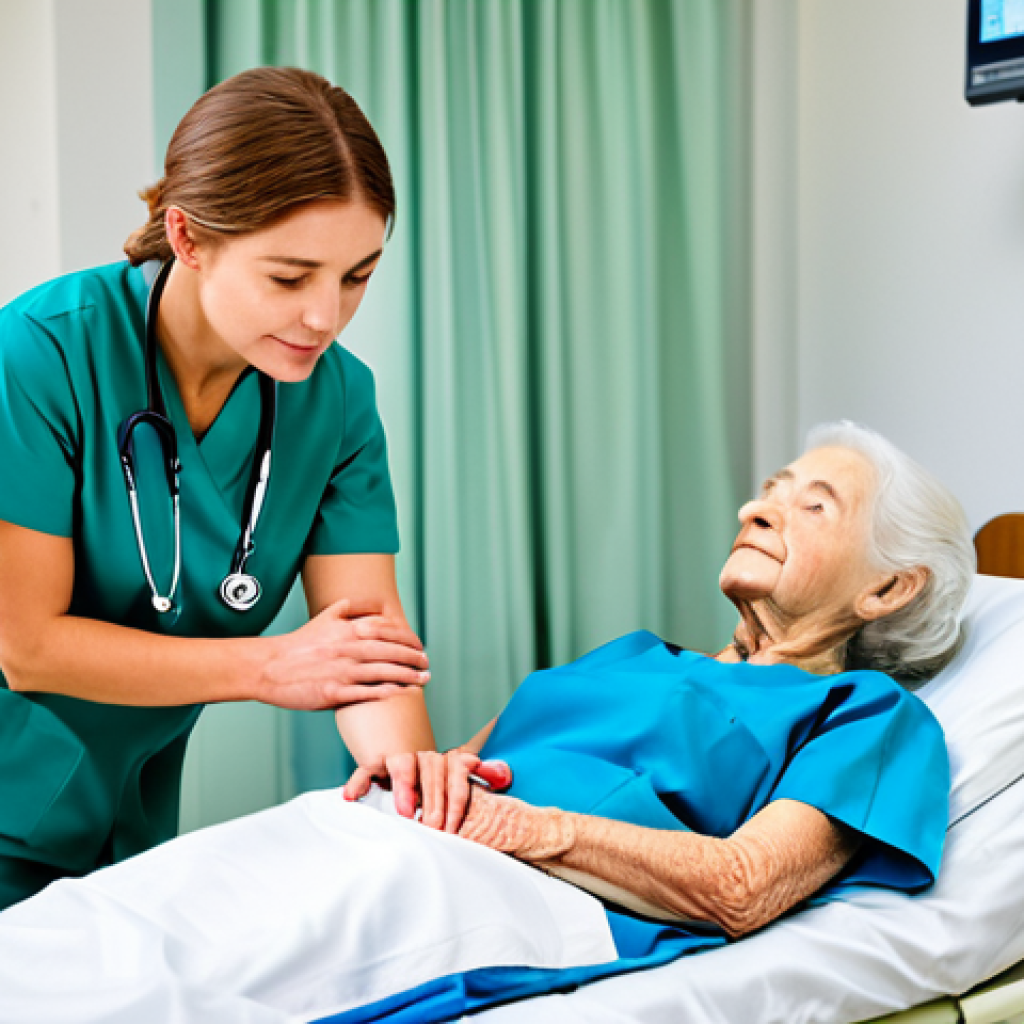 **

A compassionate nurse, fully clothed in professional scrubs, comforting an elderly woman in a brightly lit emergency room. The woman is lying in a hospital bed, but appears stable. Focus on the nurse's gentle expression and caring touch. Background includes medical equipment and other medical staff. Safe for work, appropriate content, family-friendly, perfect anatomy, natural proportions.

**