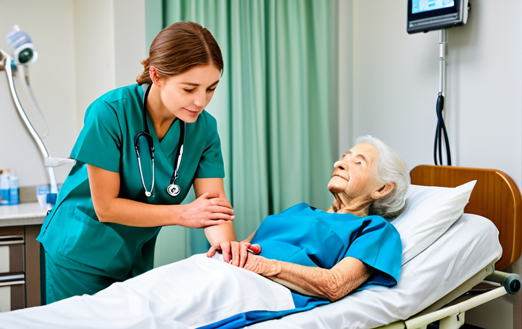 **

A compassionate nurse, fully clothed in professional scrubs, comforting an elderly woman in a brightly lit emergency room. The woman is lying in a hospital bed, but appears stable. Focus on the nurse's gentle expression and caring touch. Background includes medical equipment and other medical staff. Safe for work, appropriate content, family-friendly, perfect anatomy, natural proportions.

**