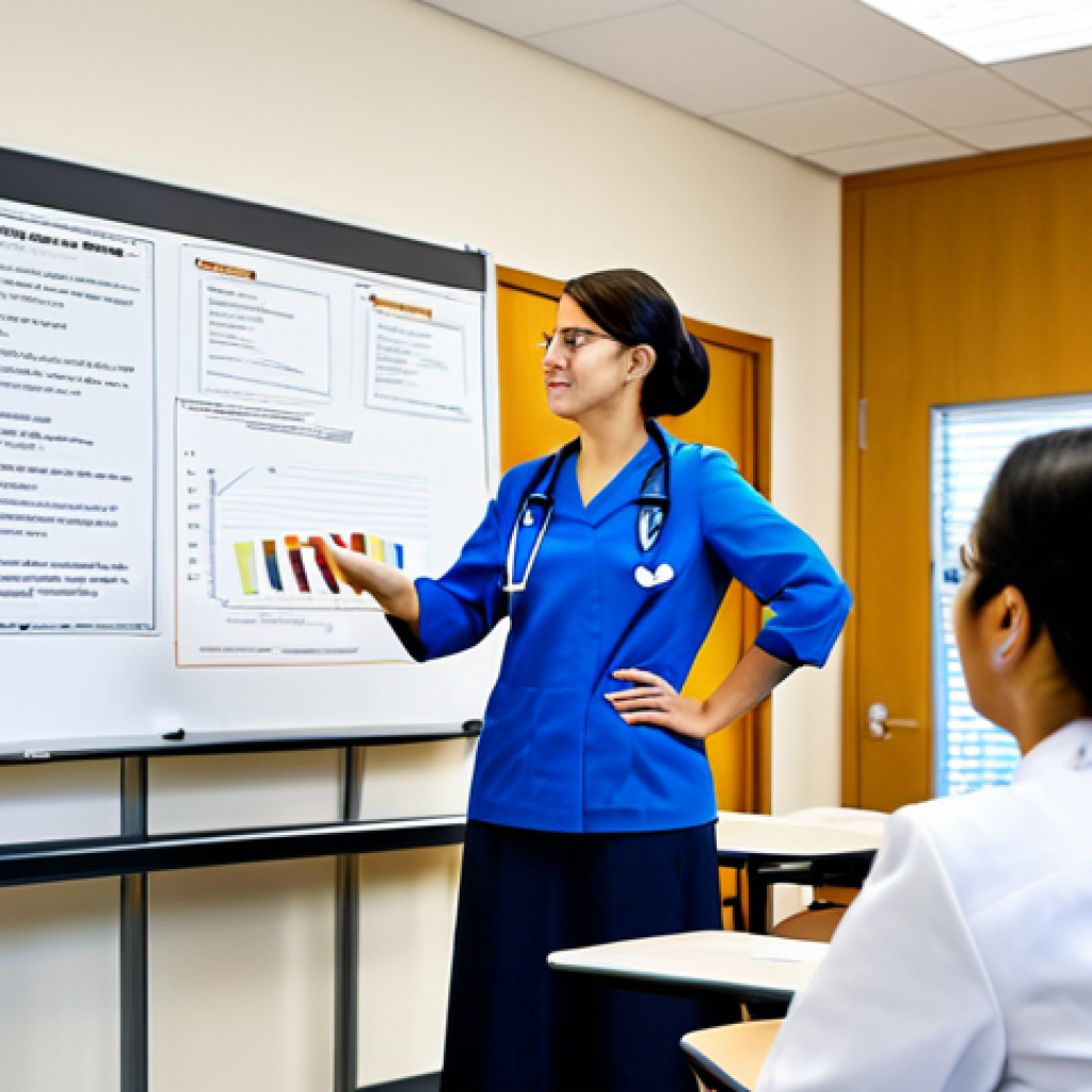 Nursing Research Process**
"A brightly lit, modern classroom setting with a diverse group of nurses attentively listening to a lecture on clinical nursing research. The focus is on a whiteboard displaying the stages of research: Question Selection, Study Design, Data Analysis, and Paper Writing. The instructor, a seasoned nurse researcher, is pointing to a diagram illustrating the research process. The scene should convey learning and professional development. Keywords: professional, educational, safe for work, appropriate content, fully clothed, modest attire, natural pose, perfect anatomy, high quality."
**
