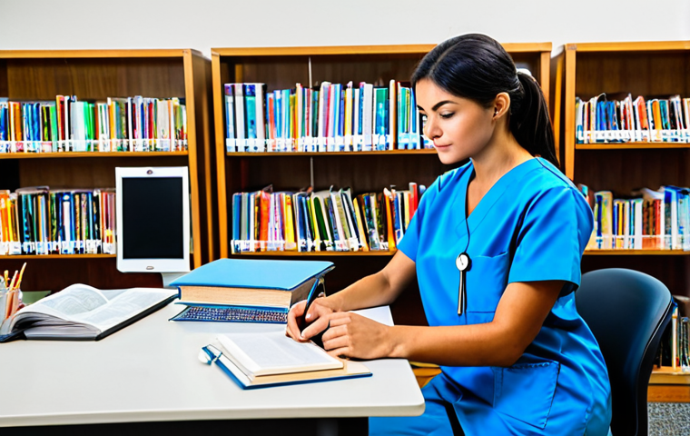 간호사 국가고시 준비 방법 - Diligent Nurse Studying**

"A student nurse, fully clothed in scrubs, studying textbooks at a desk i...