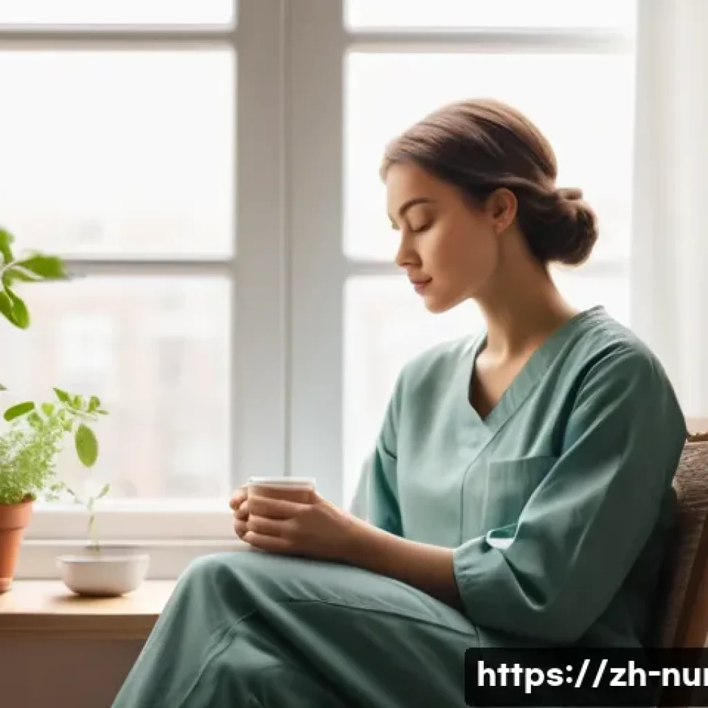 간호사 업무 스트레스 관리법 - **Prompt: Peaceful Recharge after Shift**
A young female nurse, appearing to be in her mid-20s, ...