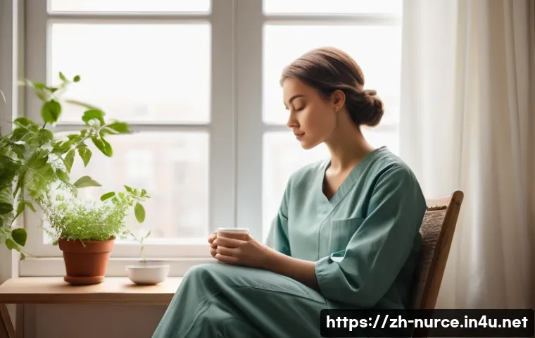 간호사 업무 스트레스 관리법 - **Prompt: Peaceful Recharge after Shift**
    A young female nurse, appearing to be in her mid-20s, ...