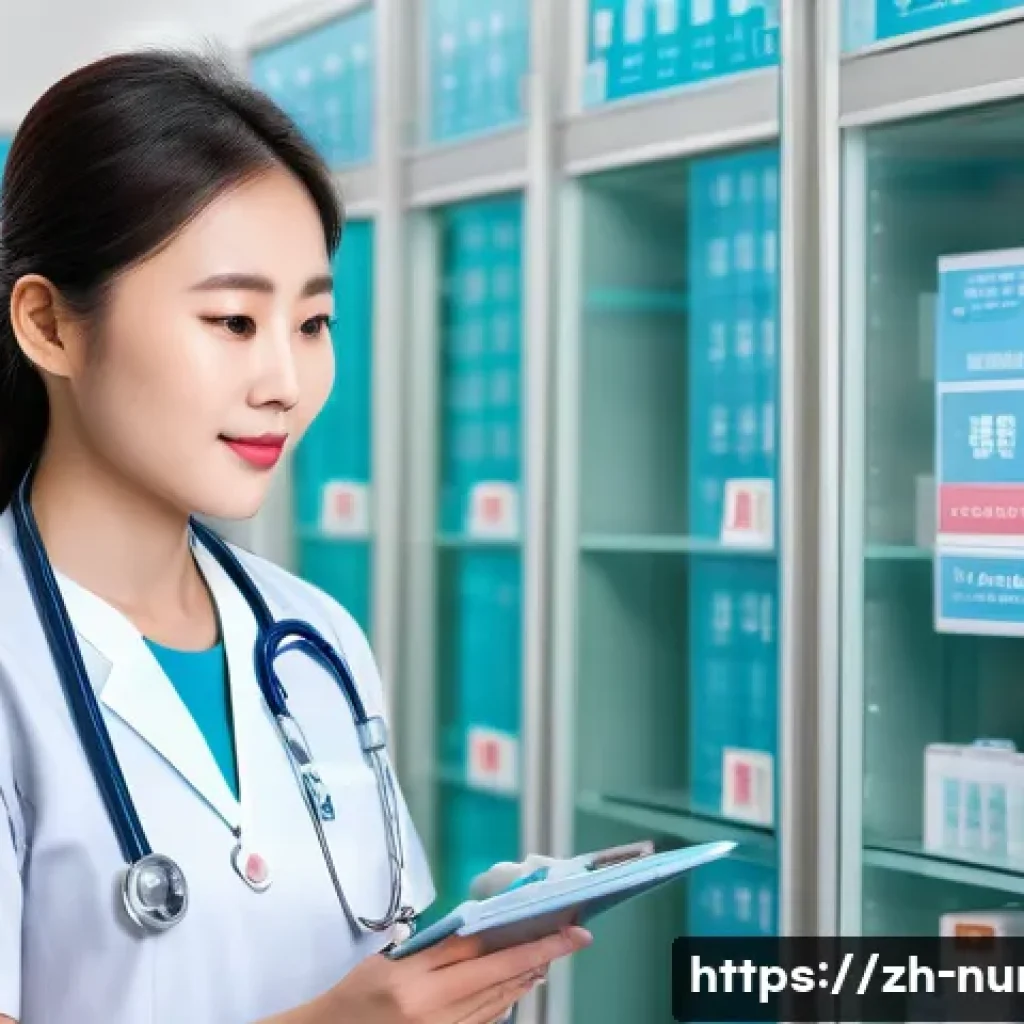 간호사 필수 약어와 의학 용어 - A modern hospital nursing station scene with a professional Chinese nurse wearing a crisp white unif...