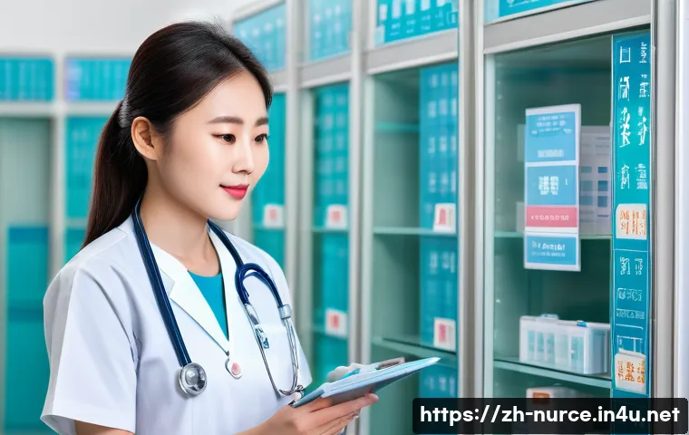 간호사 필수 약어와 의학 용어 - A modern hospital nursing station scene with a professional Chinese nurse wearing a crisp white unif...