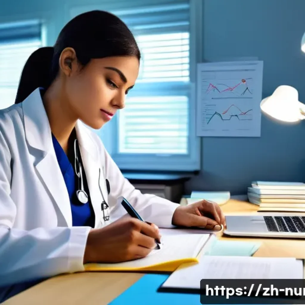 간호사의 논문 및 리포트 작성 방법 - A professional nurse writing a research paper at a modern desk, surrounded by medical textbooks and ...