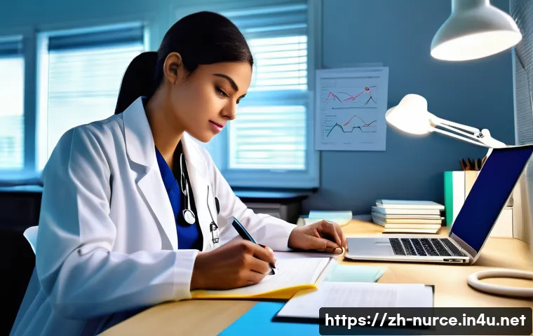 간호사의 논문 및 리포트 작성 방법 - A professional nurse writing a research paper at a modern desk, surrounded by medical textbooks and ...