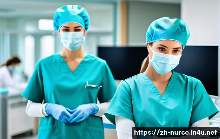 간호사 업무 환경과 근무 조건 - A modern hospital nursing team in a bright, clean ICU room, nurses wearing professional uniforms and...