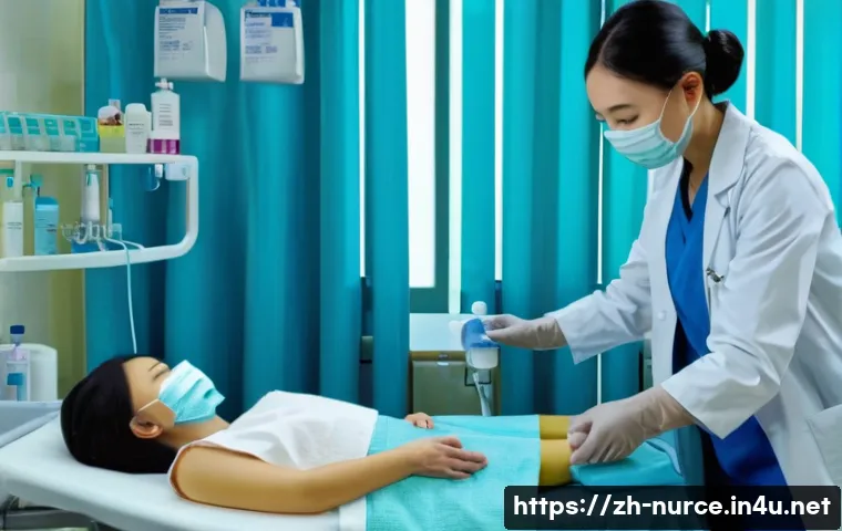 간호사의 감염 예방 프로그램 - A detailed hospital scene showing a nurse carefully performing hand hygiene in a brightly lit patien...