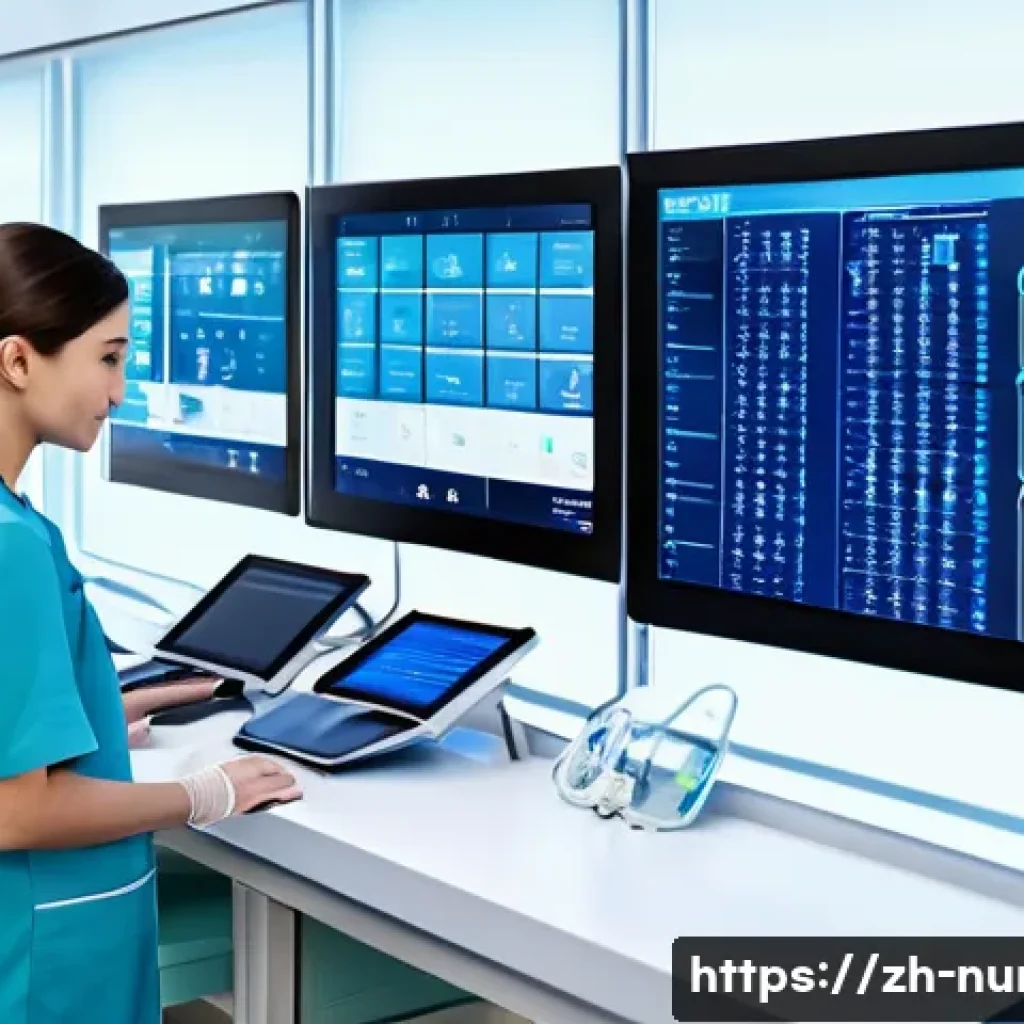 간호사와 의학 기술의 접목 사례 - A modern hospital intensive care unit scene featuring nurses using advanced remote monitoring system...