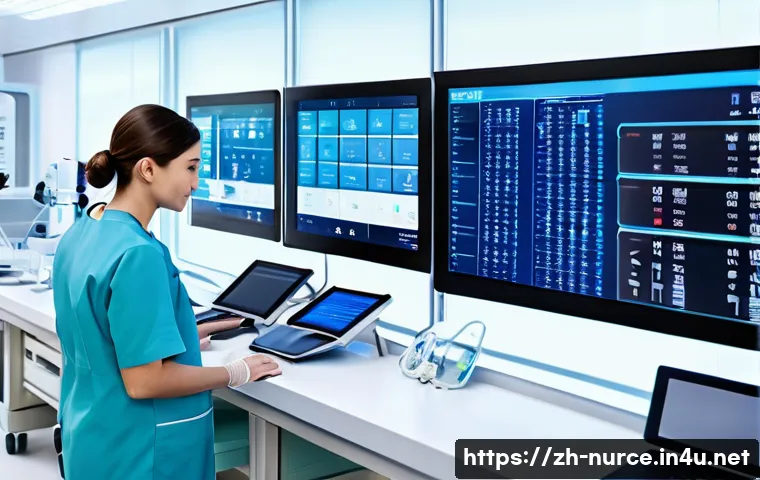 간호사와 의학 기술의 접목 사례 - A modern hospital intensive care unit scene featuring nurses using advanced remote monitoring system...