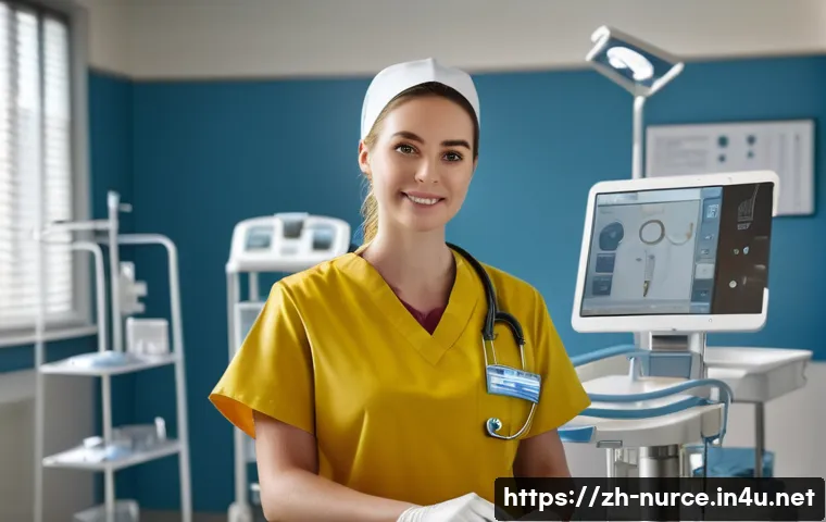 간호사의 자기 계발을 위한 도서 추천 - A modern clinical nursing scene in a busy hospital ward, featuring a young female nurse wearing prof...