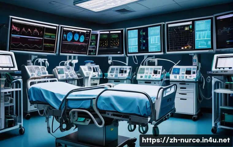 간호사의 전문 분야 선택 가이드 - A highly detailed ICU scene showing a critical care nurse operating advanced life-support equipment ...
