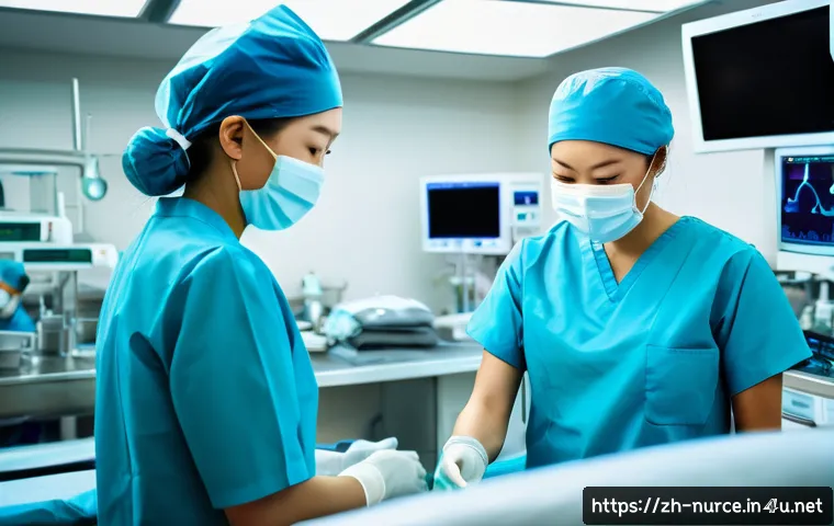간호사의 수술실 근무 경험 - A busy modern operating room scene featuring a focused surgical nurse in sterile attire including su...