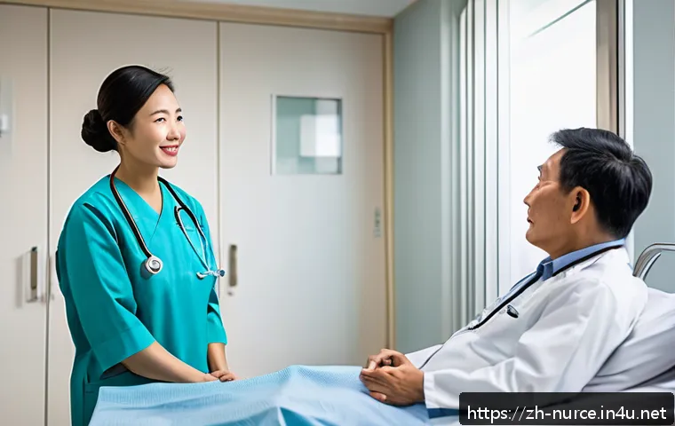 간호사로서의 문화적 민감성 - A compassionate nurse attentively listening to a middle-aged Southeast Asian male patient in a hospi...