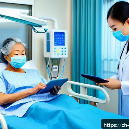 간호사의 직무 분석 및 향상 전략 - A modern hospital nursing scene showing a professional female nurse in clean, neat scrubs and a mask...