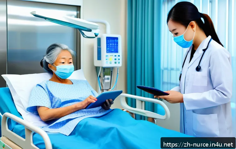 간호사의 직무 분석 및 향상 전략 - A modern hospital nursing scene showing a professional female nurse in clean, neat scrubs and a mask...