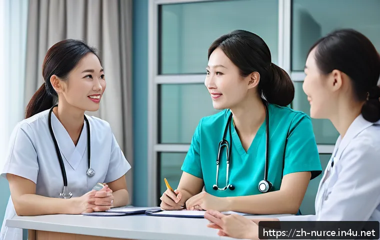 간호사 동료 간의 갈등 해결법 - A professional nursing team gathered in a modern hospital meeting room, actively engaged in a discus...