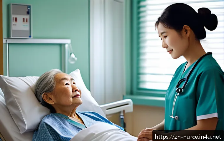 간호사의 환자 중심 치료 사례 - A compassionate nurse attentively listening to an elderly postoperative patient in a softly lit, war...