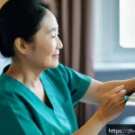 간호사 윤리와 책임 - A compassionate nurse in modern hospital scrubs gently holding the hand of an elderly patient sittin...