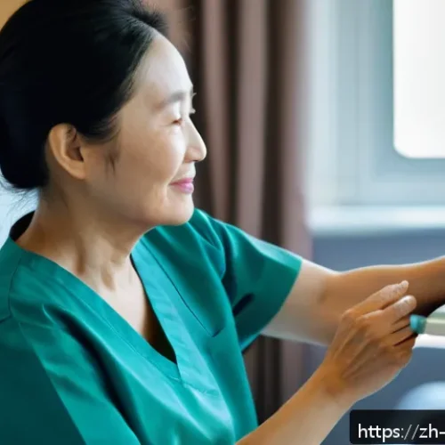 간호사 윤리와 책임 - A compassionate nurse in modern hospital scrubs gently holding the hand of an elderly patient sittin...