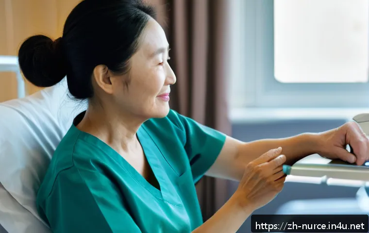 간호사 윤리와 책임 - A compassionate nurse in modern hospital scrubs gently holding the hand of an elderly patient sittin...