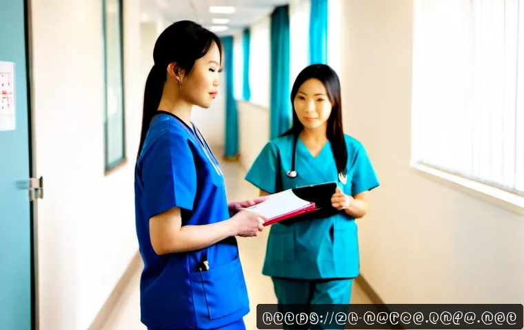 간호사 이직 후 새 병원 적응기 - Photorealistic morning scene in a modern Chinese hospital corridor, a young East Asian nurse in clea...
