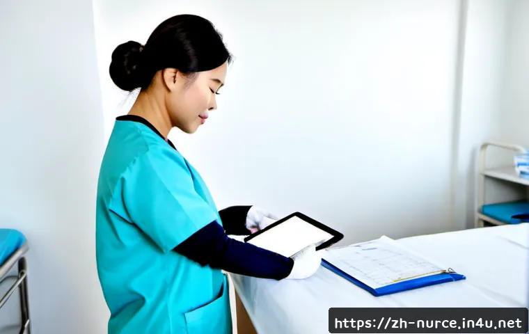 간호사의 의료기록 작성 주의사항 - Photorealistic hospital workstation, a conscientious adult nurse in clean professional scrubs carefu...