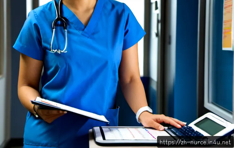 간호사로서의 시간관리 비법 - Photorealistic hospital nurses’ station, organized nurse in clean blue scrubs calmly prioritizing a ...