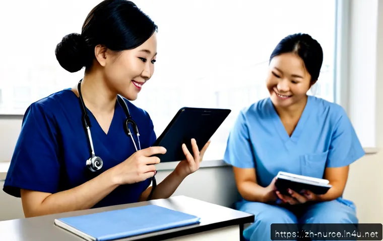 간호사 직업 만족도와 현실 - Photorealistic hospital scene, a compassionate adult nurse in clean navy scrubs sitting at a quiet n...