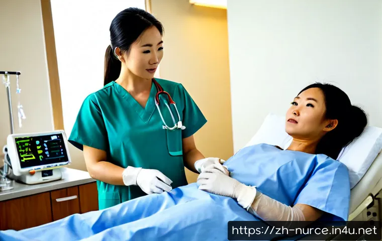 응급실 간호사 업무 사례 - Photorealistic emergency department scene, a calm adult nurse in clean scrubs and gloves quickly ass...