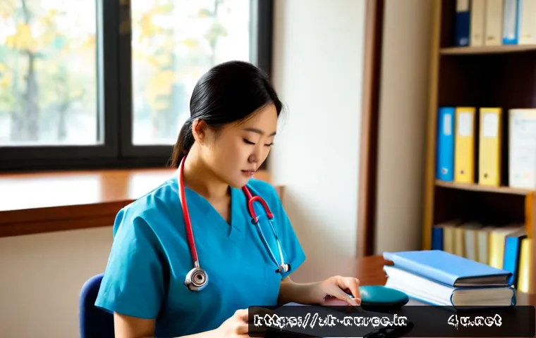 간호사 국가고시 최신 경향 분석 - Photorealistic nursing licensure exam preparation scene in a modern Chinese university library, focu...